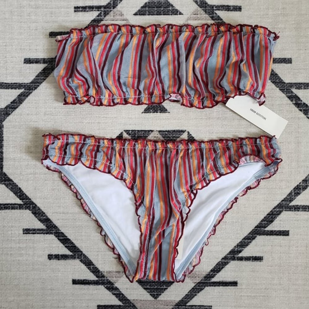 Out From Under for Urban Outfitters Ruffled Retro Stripe Bandeau Bikini NWT